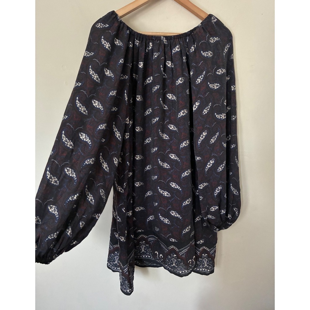 HM Paisley Boho Grunge Festival Tunic Top Balloon Sleeve Navy Red XXS Oversized